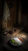 Simple Meal of Rice, Beans, and Greens in Rustic Setting. photo