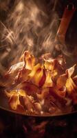Crispy Bacon Cooking in a Pan with Smoky Steam. A close up image of sizzling bacon strips. photo