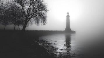 Lighthouse in Fog A Monochromatic Coastal Scene. photo