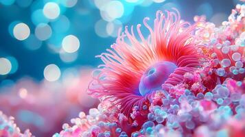 Vibrant Pink Sea Anemone in Sparkling Underwater Scene. A close-up illustration of a sea anemone, showcasing its intricate details and radiant colors. photo