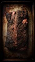 Smoked Brisket on a Baking Sheet Close Up of Seasoned Beef. photo