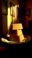 Golden Cubes Stacked on a Plate in a Room with Pictures. A dramatic still life image showcasing three golden cubes illuminated by warm sunlight. photo