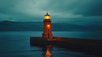 Illuminated Lighthouse on a Calm Sea at Dusk. A solitary beacon stands tall against a dramatic backdrop of mountains and a tranquil ocean. photo