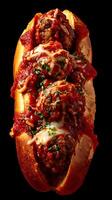 Delicious Meatball Sub Close Up of Juicy Meatballs in Marinara Sauce on a Crusty Roll. photo