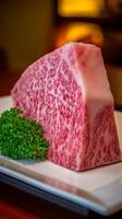 Close up of a Delicious Wagyu Beef Steak on a White Plate. photo