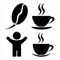 Simple black icons of coffee bean steaming cups and a joyful person vector