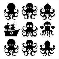 Collection of stylized black octopus icons and a sailing ship vector