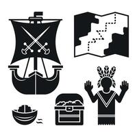 Pirate adventure icons ship map treasure and native american vector