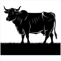 Stylized silhouette of a powerful bull standing in grassy field vector