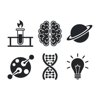 Collection of science and innovation icons representing discovery and knowledge vector