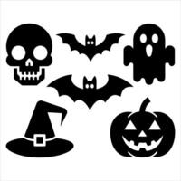 Classic halloween icons silhouette collection featuring skull bat ghost pumpkin witch hat vector