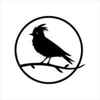 Silhouette of a crested bird perched on a branch within a circle vector
