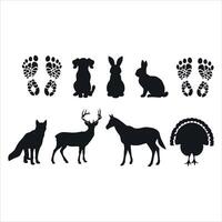 Collection of silhouetted animals and footprints on a white background vector