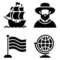 Vintage exploration icons including a ship explorer flag and globe vector