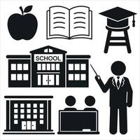 Collection of school and education related icons in black and white vector