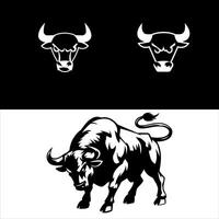 Powerful charging bull and stylized bull heads in black and white vector