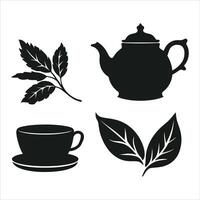 Black silhouette of tea leaves cup and saucer and teapot on white background vector