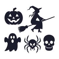 Halloween silhouettes featuring a witch pumpkin ghost spider and skull vector