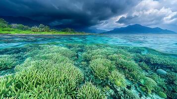 Tropical Island Seascape Above and Below Water View of Vibrant Coral Reef and Dramatic Sky. photo