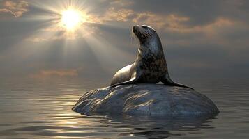 Serene Seal at Sunset A Majestic Marine Mammal on a Rock in Calm Waters. photo