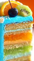 Close up of a delicious layered cake with orange, kiwi, and cherry topping. photo