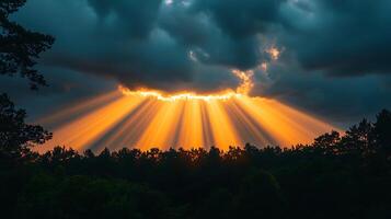 Dramatic Sunset Crepuscular Rays Breaking Through Dark Clouds Over a Forest. photo