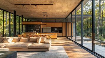 Modern Open-Plan Living Space with Floor-to-Ceiling Windows and Forest Views. A Luxurious Home Interior Design Featuring a Sleek Kitchen and Comfortable Seating Area. photo