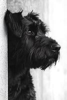 A Black Miniature Schnauzer Dog's Profile, Pensive Gaze. A monochrome image showcasing the dog's textured fur and expressive eyes. photo