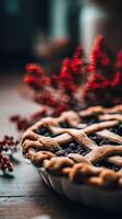 Close up of a Delicious Homemade Blueberry Pie with a Rustic Wooden Background. photo