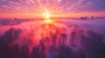 Aerial View of Cityscape at Sunrise with Fog and Trees. A breathtaking panorama showcasing the sun rising over a misty city landscape. photo
