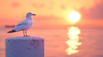 Serene Seagull at Sunset A Coastal Bird Silhouette Against a Vibrant Sky. photo