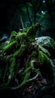 Mossy Tree Roots and Sprout in a Dark Forest. A close up image of nature's resilience. photo