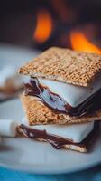 Delicious S'mores Close Up Melted Chocolate and Marshmallow Sandwich. photo