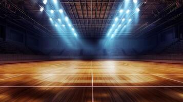 Illuminated Indoor Arena Empty Sports Court with Bright Stage Lighting. photo