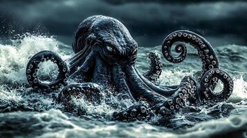 A Gigantic Kraken Emerges from the Stormy Sea. A dramatic illustration of a mythical sea monster rising from the waves. photo