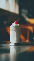 Creamy milkshake with whipped cream and cherry garnish in a vintage glass. photo