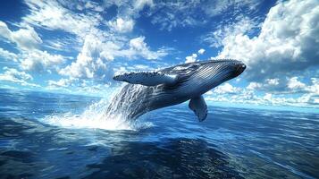 Humpback Whale Breaching in Ocean, Dramatic Sky Background. A majestic humpback whale leaps from the deep blue ocean under a vibrant sky filled with fluffy white clouds. photo