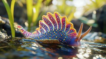 Vibrant Aquatic Creature in a Sunlit Stream. This fantastical image showcases a colorful, detailed creature in its natural habitat. photo
