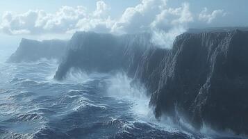 Dramatic Ocean Waves Crashing Against Rugged Cliffs Under a Cloudy Sky. photo