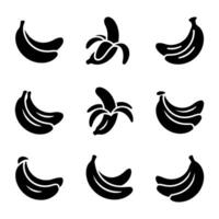 Collection of black banana icons and symbols on a white background vector