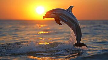 Dolphin Leaping at Sunset A Majestic Ocean Scene. photo