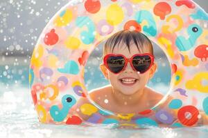 Joyful Child In Heart Sunglasses Floating In Pool With Colorful Inflatable Ring photo