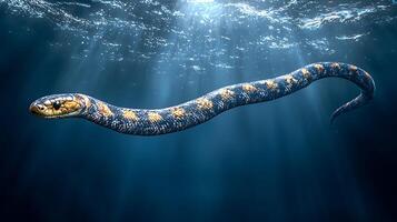 Aquatic Serpent An Elegant Underwater Snake Image. A digitally created image of a snake gracefully swimming underwater, bathed in sunlight. photo