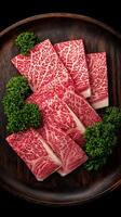 Premium Marbled Beef Slices on Dark Wooden Platter. A close up overhead shot of raw wagyu beef. photo