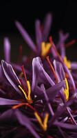 Close Up of Saffron Crocus Flowers, Vivid Purple Petals and Red Stigmas. photo
