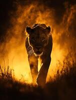 Majestic Lioness Walking Towards the Camera at Sunset. A powerful image capturing a lioness in silhouette, backlit by the golden light of the setting sun. photo