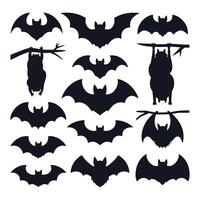Collection of black bat silhouettes in various poses and flying positions vector