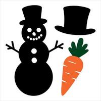 Simple black snowman with top hat and orange carrot illustration vector