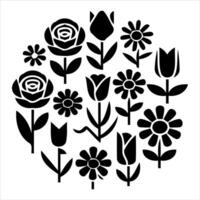 Collection of stylized black flowers and tulips arranged in a circular pattern vector