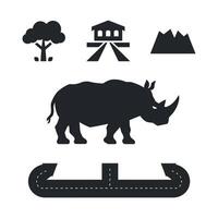 Rhino and road icons representing nature buildings mountains and travel vector
